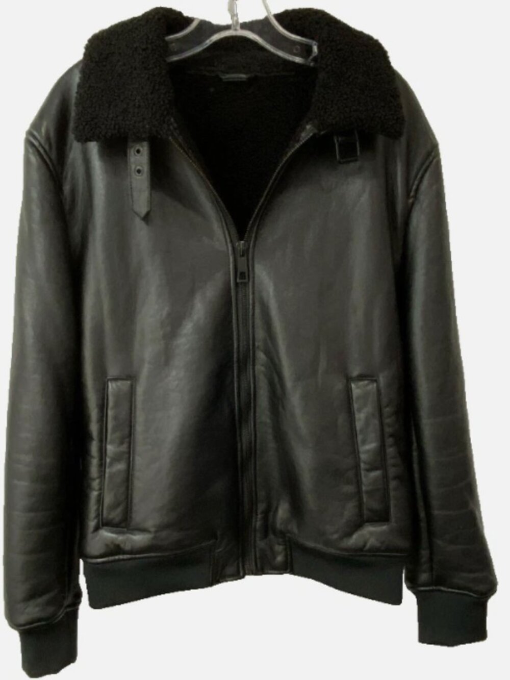 Zara Aviator Faux Leather Jacket w Faux Shearling Bomber Biker Black, Large